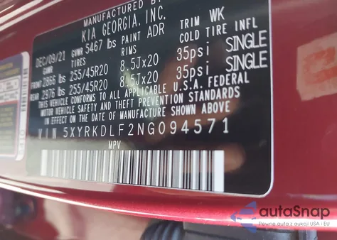 2022 Kia Sorento X-Line Sx Prestige from USA, damaged, VIN 5XYRKDLF2NG094571